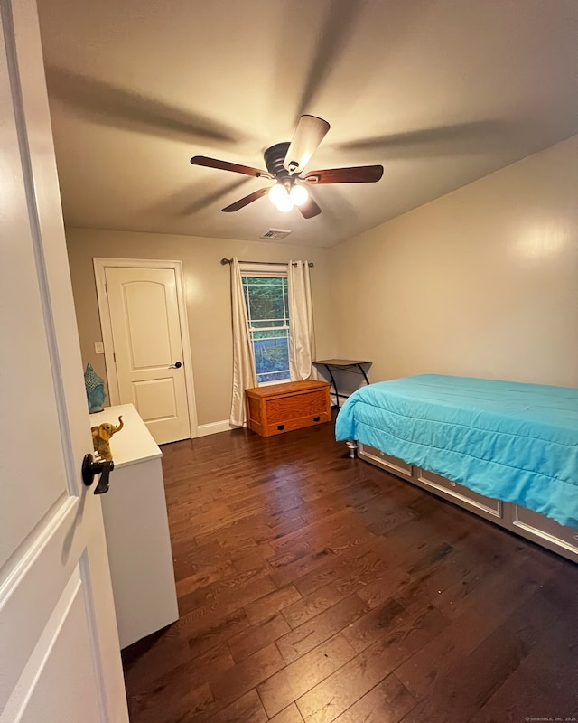 41 Secret Lake Rd, Canton, CT 06019 - bedroom with dark wood-style floors, a ceiling fan, and baseboards