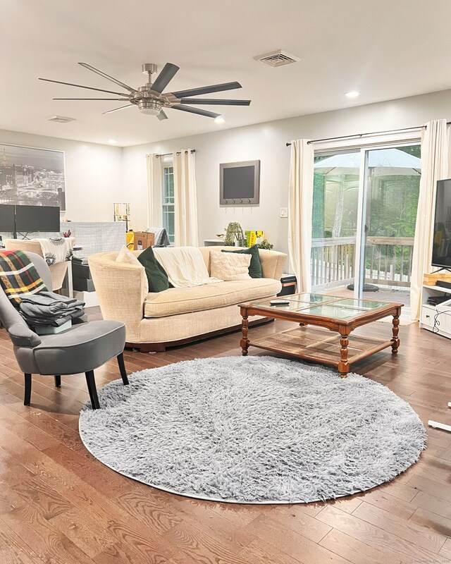41 Secret Lake Rd, Canton, CT 06019 - living room with a ceiling fan, wood finished floors, healthy amount of natural light, and recessed lighting
