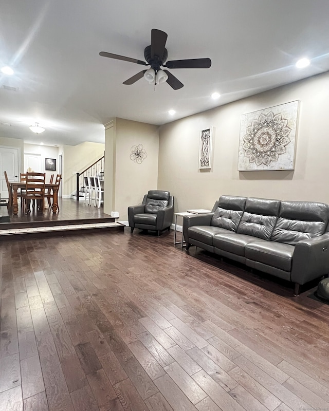 41 Secret Lake Rd, Canton, CT 06019 - living area with hardwood / wood-style floors, a ceiling fan, stairway, and recessed lighting