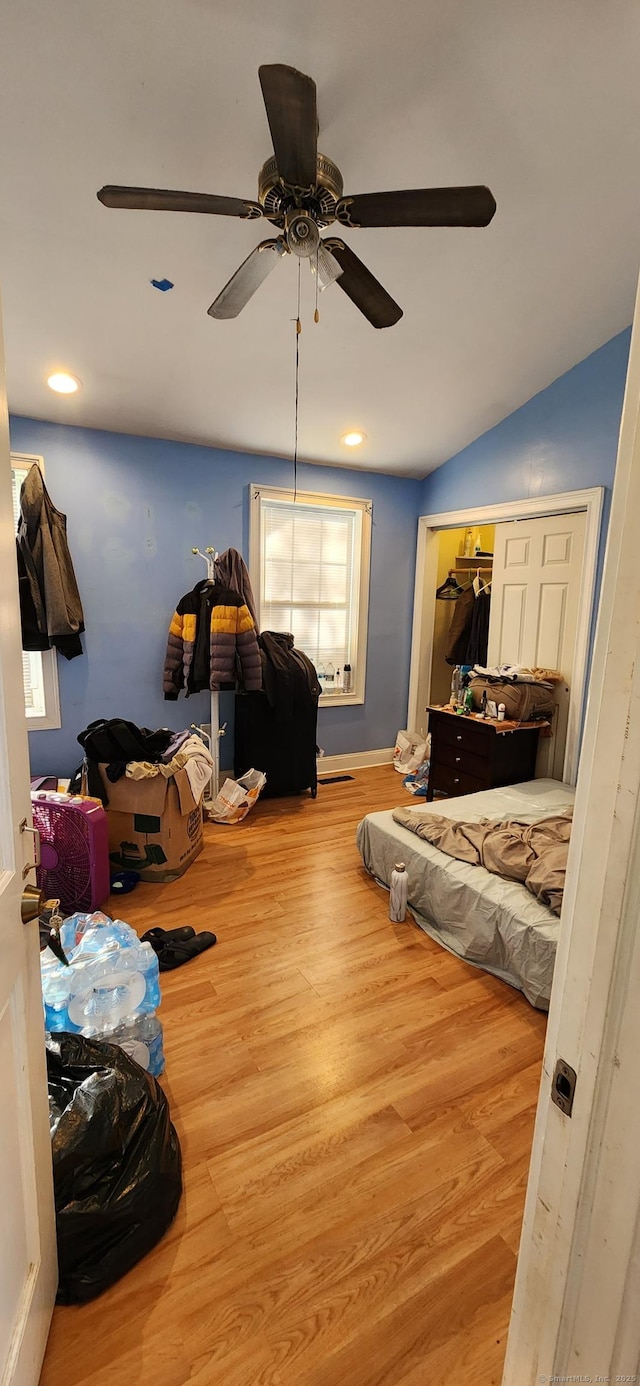 75 Clifton St, West Haven, CT 06516 - bedroom featuring wood finished floors, a ceiling fan, a closet, recessed lighting, and multiple windows