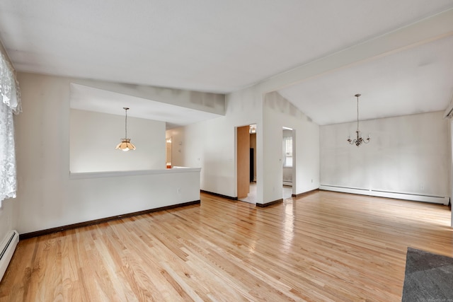 154 Williamson Dr, Waterbury, CT 06710 - unfurnished living room with a baseboard radiator, a chandelier, wood finished floors, and baseboards