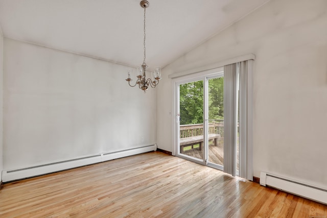 154 Williamson Dr, Waterbury, CT 06710 - unfurnished room with baseboard heating, lofted ceiling, a baseboard heating unit, a chandelier, and wood finished floors
