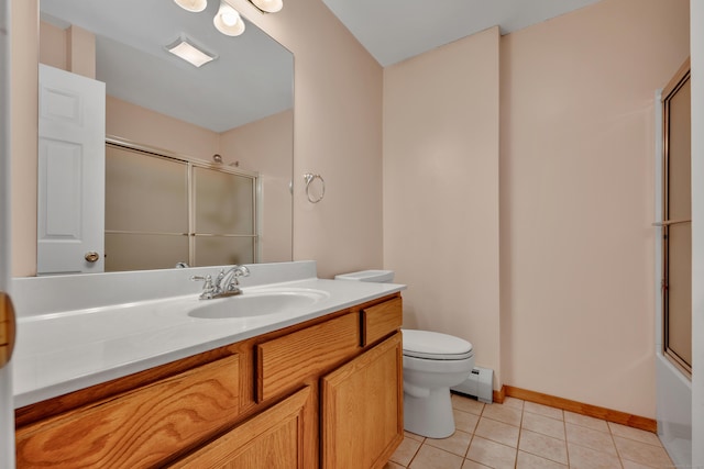 154 Williamson Dr, Waterbury, CT 06710 - bathroom with an enclosed shower, toilet, a baseboard heating unit, baseboards, and tile patterned flooring