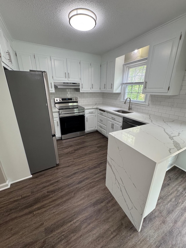 222 W Main St Apt 1C, Southington, CT 06479 - kitchen featuring stainless steel appliances, a sink, a textured ceiling, tasteful backsplash, and under cabinet range hood