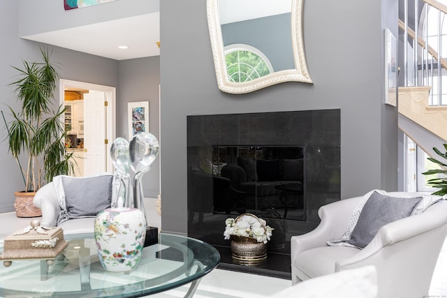 living area with a fireplace
