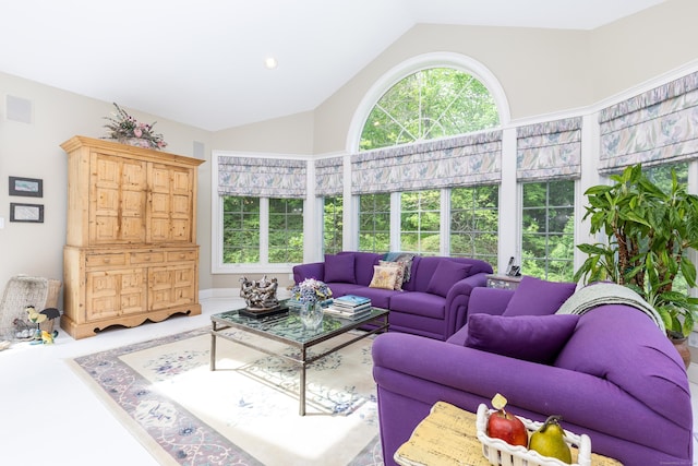 living room featuring high vaulted ceiling