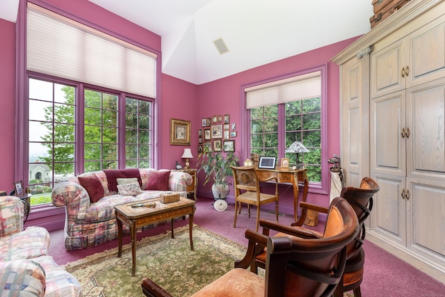 carpeted office space featuring high vaulted ceiling