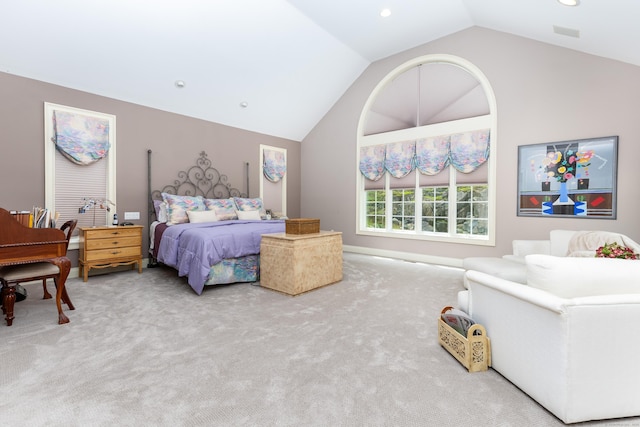 bedroom featuring vaulted ceiling, carpet floors, and recessed lighting