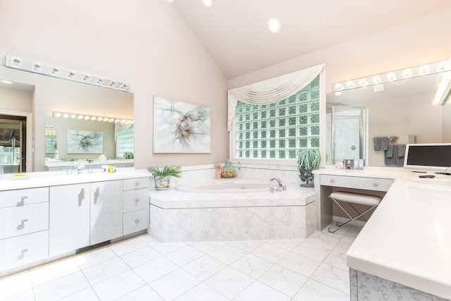 bathroom with two vanities, a bath, a shower stall, high vaulted ceiling, and recessed lighting