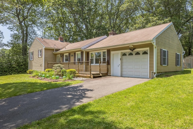 15 Kings Hwy, North Haven, CT 06473 - ranch-style home with a chimney, an attached garage, a porch, a front lawn, and asphalt driveway