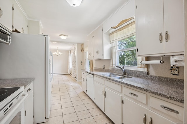 15 Kings Hwy, North Haven, CT 06473 - kitchen featuring white appliances, a chandelier, light tile patterned flooring, white cabinets, and ornamental molding