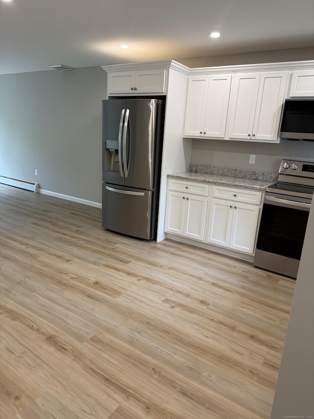 240 Centerbrook Rd Unit 240, Hamden, CT 06518 - kitchen with stainless steel appliances, a baseboard heating unit, white cabinets, light wood-style flooring, and recessed lighting