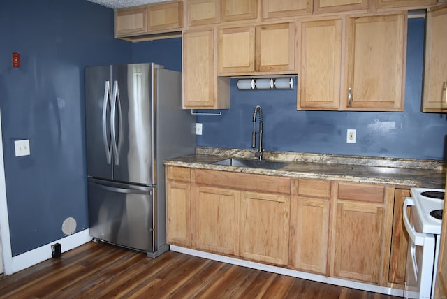 34 Joliet Ct, Groton, CT 06340 - kitchen with freestanding refrigerator, electric range, a sink, dark wood-style floors, and light brown cabinetry