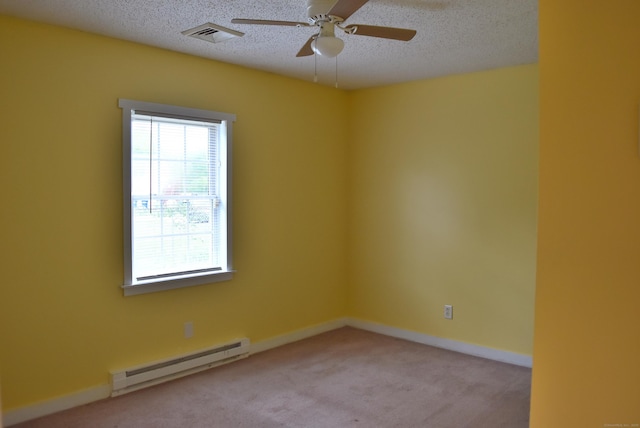 34 Joliet Ct, Groton, CT 06340 - empty room featuring a baseboard radiator, ceiling fan, a textured ceiling, light carpet, and baseboards
