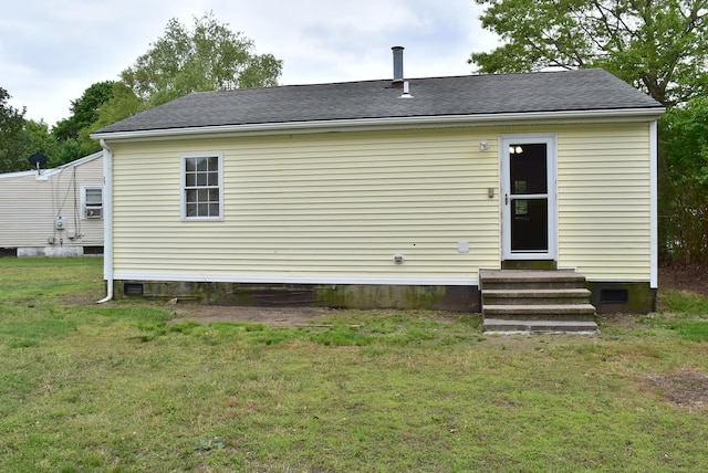34 Joliet Ct, Groton, CT 06340 - rear view of property with entry steps, a lawn, crawl space, and a shingled roof