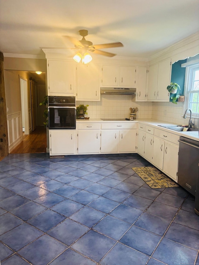 23 Dana Rd, Danbury, CT 06811 - kitchen featuring black appliances, under cabinet range hood, white cabinetry, a ceiling fan, and tasteful backsplash