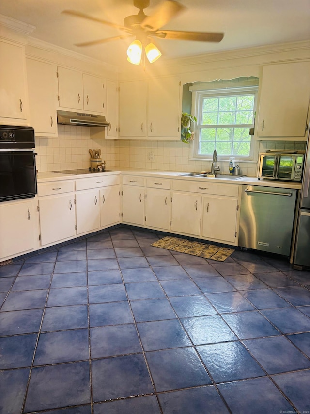 23 Dana Rd, Danbury, CT 06811 - kitchen with black appliances, under cabinet range hood, a sink, ceiling fan, and ornamental molding