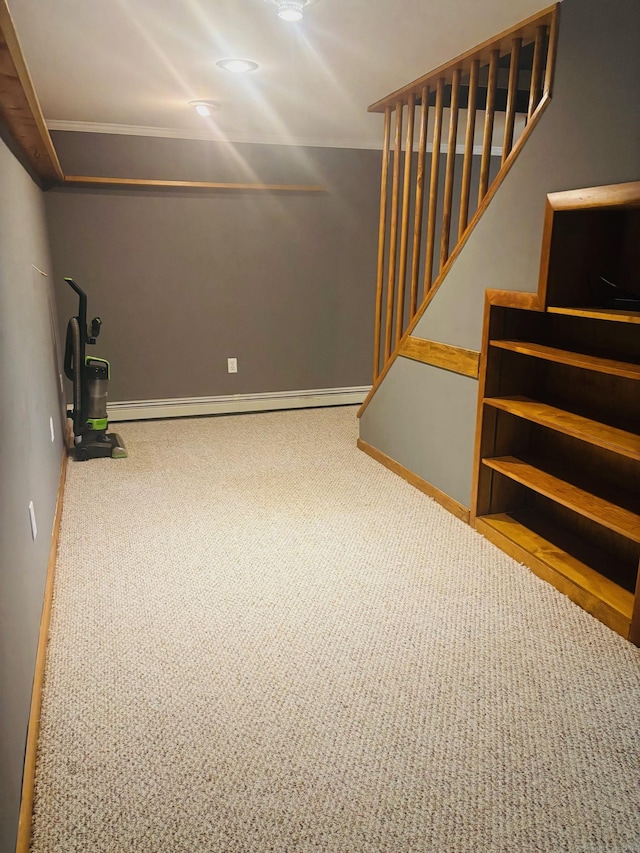 23 Dana Rd, Danbury, CT 06811 - below grade area featuring carpet floors, ornamental molding, and stairs