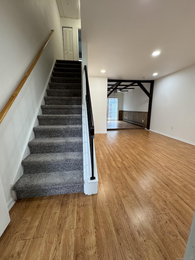 103 Kohanza St Unit E, Danbury, CT 06811 - stairway featuring wood finished floors, recessed lighting, and attic access