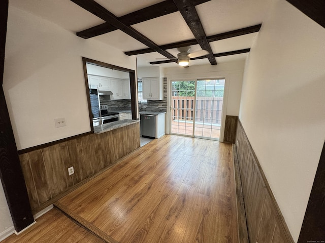 103 Kohanza St Unit E, Danbury, CT 06811 - kitchen with stainless steel appliances, coffered ceiling, light wood-style floors, ceiling fan, and white cabinetry
