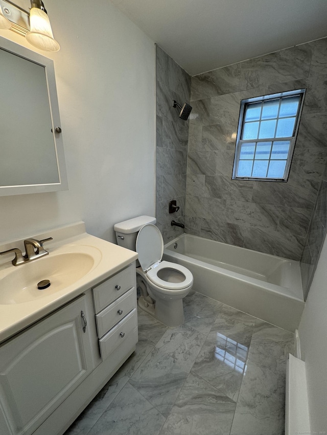 103 Kohanza St Unit E, Danbury, CT 06811 - bathroom featuring vanity, bathing tub / shower combination, marble finish flooring, and toilet
