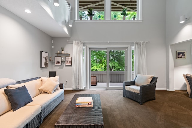 living room featuring dark colored carpet, a high ceiling, baseboards, and plenty of natural light