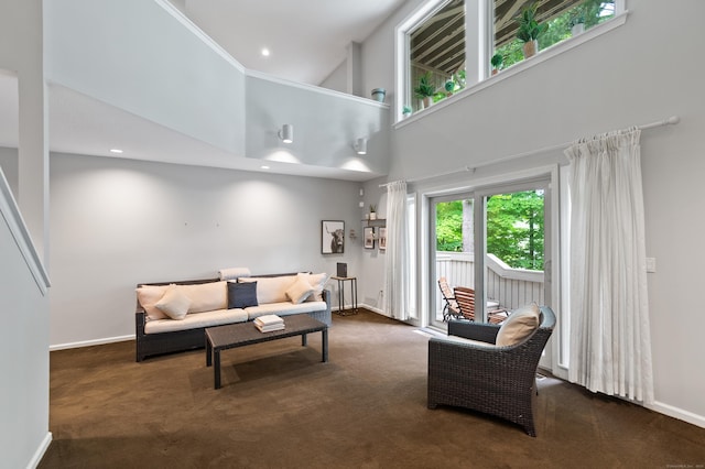 carpeted living area featuring a towering ceiling, baseboards, and recessed lighting