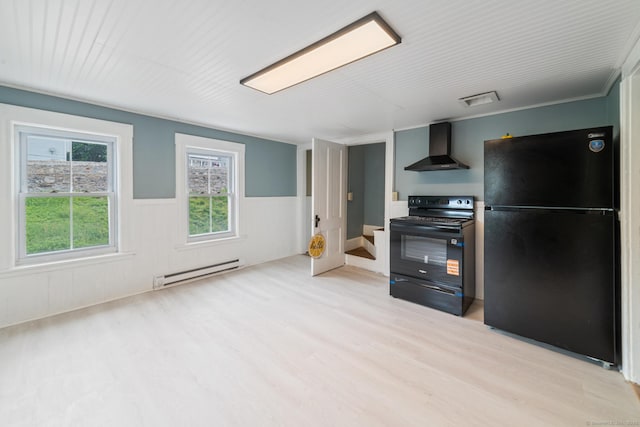 253 N Main St, Norwich, CT 06360 - kitchen featuring black appliances, baseboard heating, wall chimney exhaust hood, light wood-type flooring, and a wainscoted wall