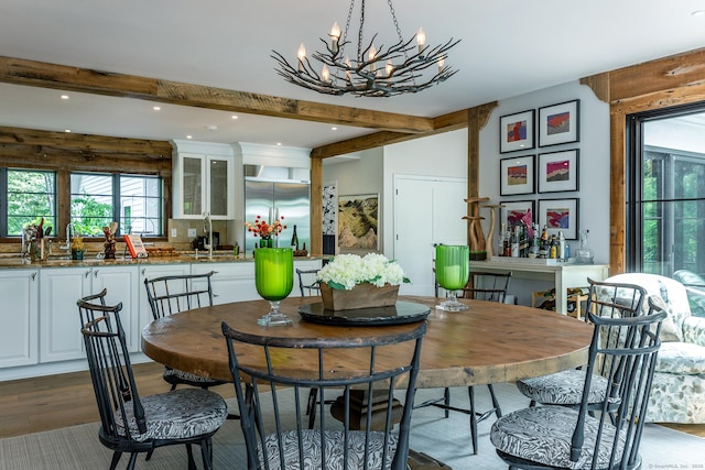 8 Heritage Island Rd, New Fairfield, CT 06812 - dining room featuring beam ceiling, wood finished floors, a chandelier, and recessed lighting