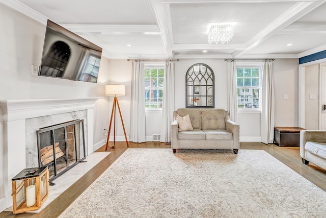 239 Bellevue Ave, West Haven, CT 06516 - living area with ornamental molding, wood finished floors, beamed ceiling, baseboards, and coffered ceiling