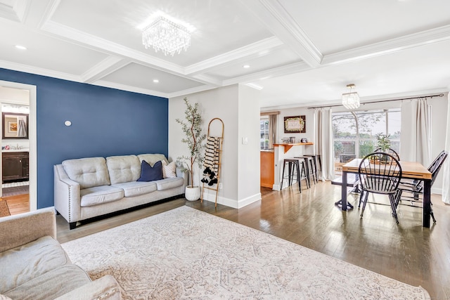 239 Bellevue Ave, West Haven, CT 06516 - living area featuring wood finished floors, crown molding, coffered ceiling, a chandelier, and beamed ceiling