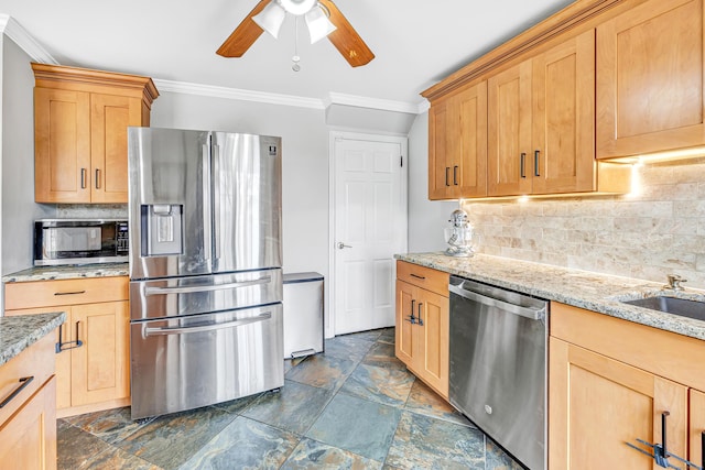 239 Bellevue Ave, West Haven, CT 06516 - kitchen featuring stainless steel appliances, crown molding, a ceiling fan, decorative backsplash, and light brown cabinets
