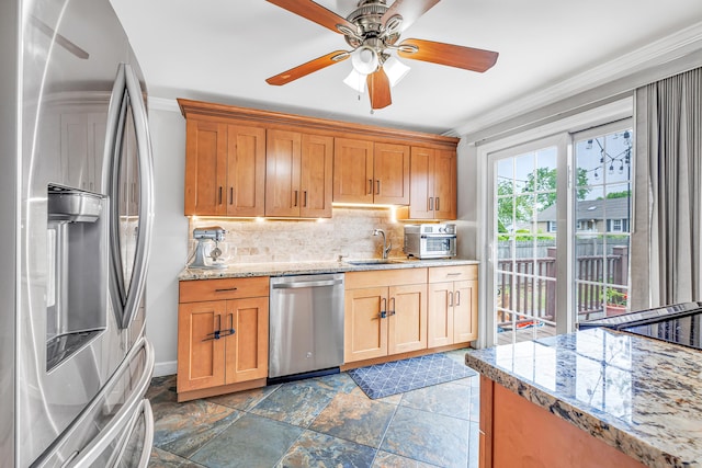 239 Bellevue Ave, West Haven, CT 06516 - kitchen with stainless steel appliances, crown molding, a sink, backsplash, and ceiling fan