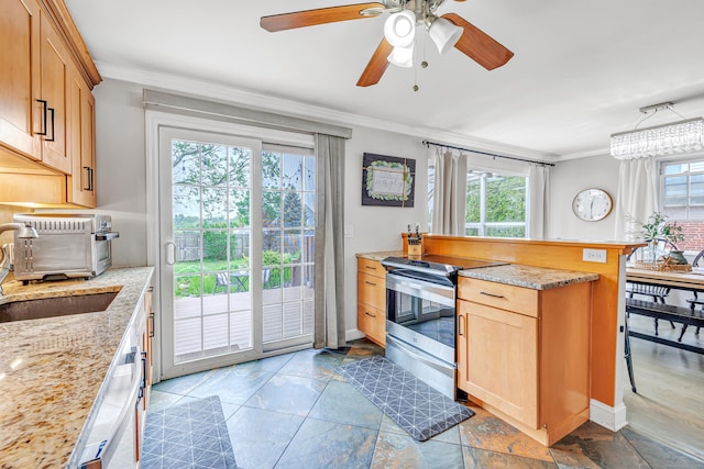 239 Bellevue Ave, West Haven, CT 06516 - kitchen with stainless steel electric stove, ornamental molding, plenty of natural light, a ceiling fan, and light brown cabinetry