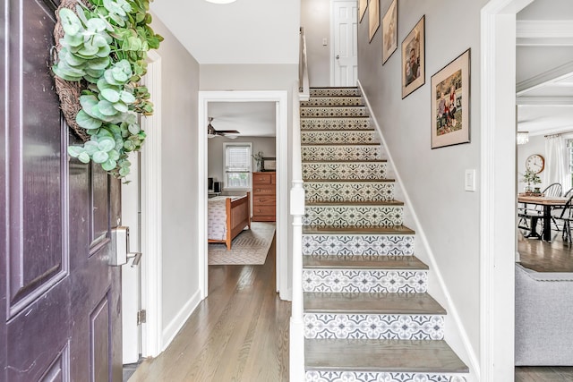 239 Bellevue Ave, West Haven, CT 06516 - foyer entrance with stairs, wood finished floors, ceiling fan, and baseboards