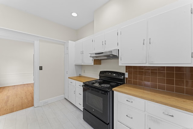 18 Glover Ave, Newtown, CT 06470 - kitchen featuring black electric range oven, under cabinet range hood, light countertops, white cabinetry, and recessed lighting