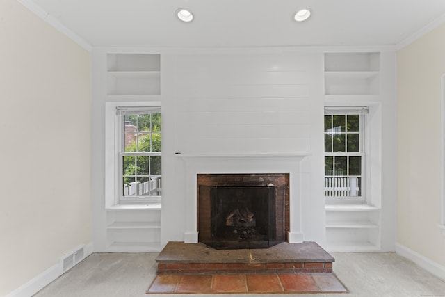 18 Glover Ave, Newtown, CT 06470 - unfurnished living room featuring carpet floors, built in features, a fireplace with raised hearth, and recessed lighting