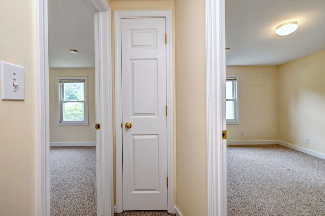 hall featuring carpet and baseboards