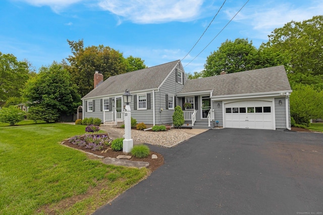 10 Knollwood Rd, Farmington, CT 06032 - view of front of house featuring a chimney, an attached garage, asphalt driveway, a shingled roof, and a front lawn