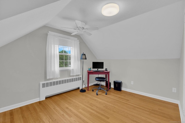 10 Knollwood Rd, Farmington, CT 06032 - office area with radiator heating unit, wood finished floors, ceiling fan, vaulted ceiling, and baseboards
