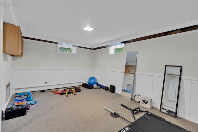 10 Knollwood Rd, Farmington, CT 06032 - exercise room with carpet flooring, a wainscoted wall, and a baseboard heating unit