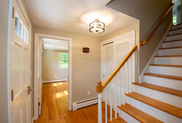 586 Essex Rd, Westbrook, CT 06498 - stairs with a baseboard heating unit, wood-type flooring, and baseboards
