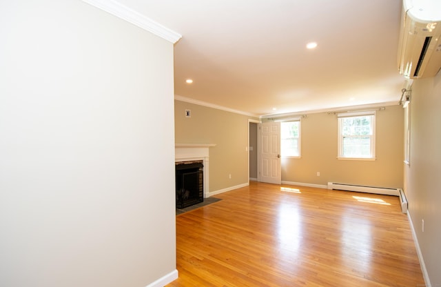 586 Essex Rd, Westbrook, CT 06498 - unfurnished living room featuring crown molding, a baseboard heating unit, a fireplace with flush hearth, a wall mounted air conditioner, and baseboards