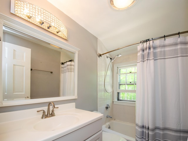 586 Essex Rd, Westbrook, CT 06498 - bathroom featuring vanity, shower / bath combination with curtain, and lofted ceiling