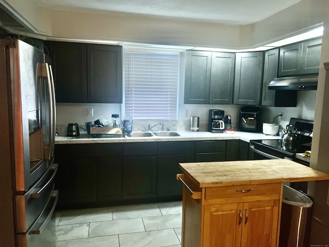 433 Garden St, Hartford, CT 06112 - kitchen featuring freestanding refrigerator, wood counters, under cabinet range hood, black range with electric cooktop, and a sink