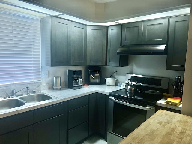 433 Garden St, Hartford, CT 06112 - kitchen featuring range with electric cooktop, under cabinet range hood, a sink, and butcher block counters