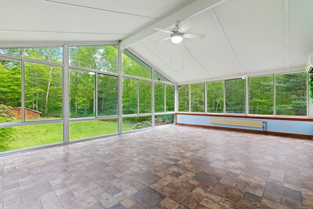 654 Beach Pond Rd, Voluntown, CT 06384 - unfurnished sunroom with ceiling fan, a wall mounted AC, and radiator heating unit