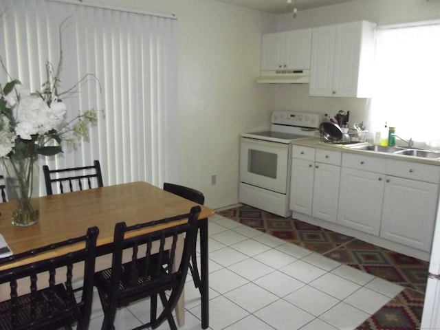 1211 Gold Star Hwy Unit 1211, Groton, CT 06340 - kitchen with white electric range, under cabinet range hood, a sink, and white cabinets