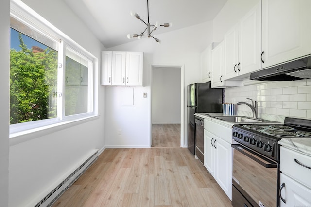 4 Farview Ave Unit 1-10, Danbury, CT 06810 - kitchen with black range with electric cooktop, a baseboard heating unit, a sink, healthy amount of natural light, and vaulted ceiling