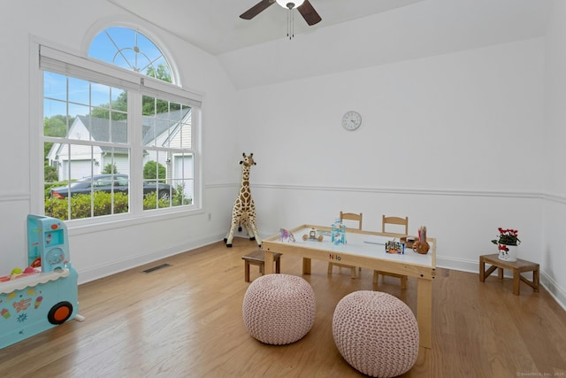 44 Village Ct Unit 44, Wilton, CT 06897 - recreation room with lofted ceiling, healthy amount of natural light, wood finished floors, a ceiling fan, and baseboards